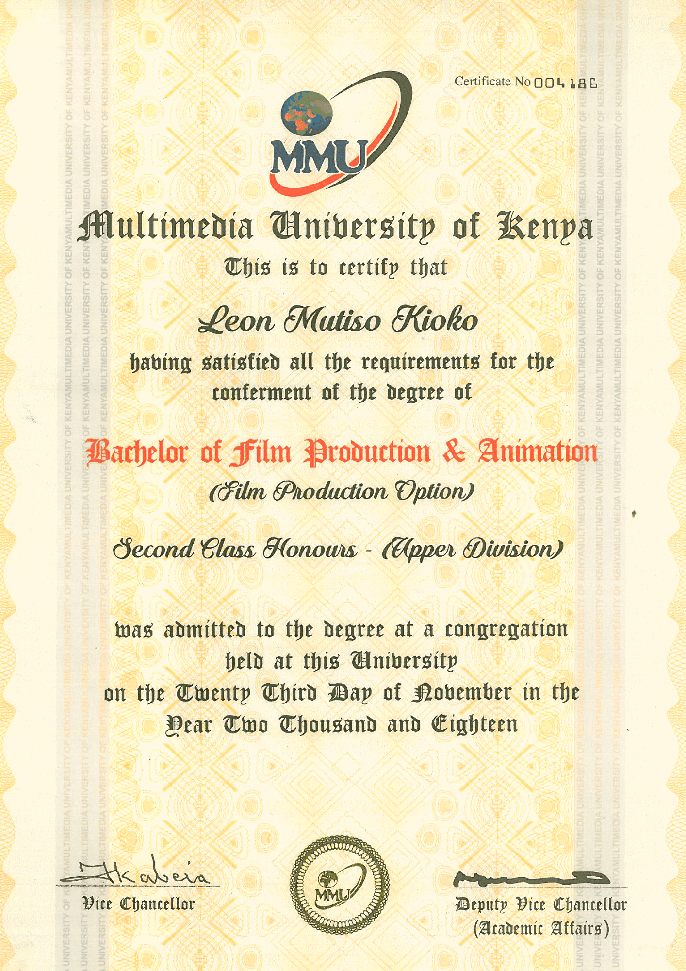Multimedia University of Kenya — BA Film Production & Animation · Second Class Upper